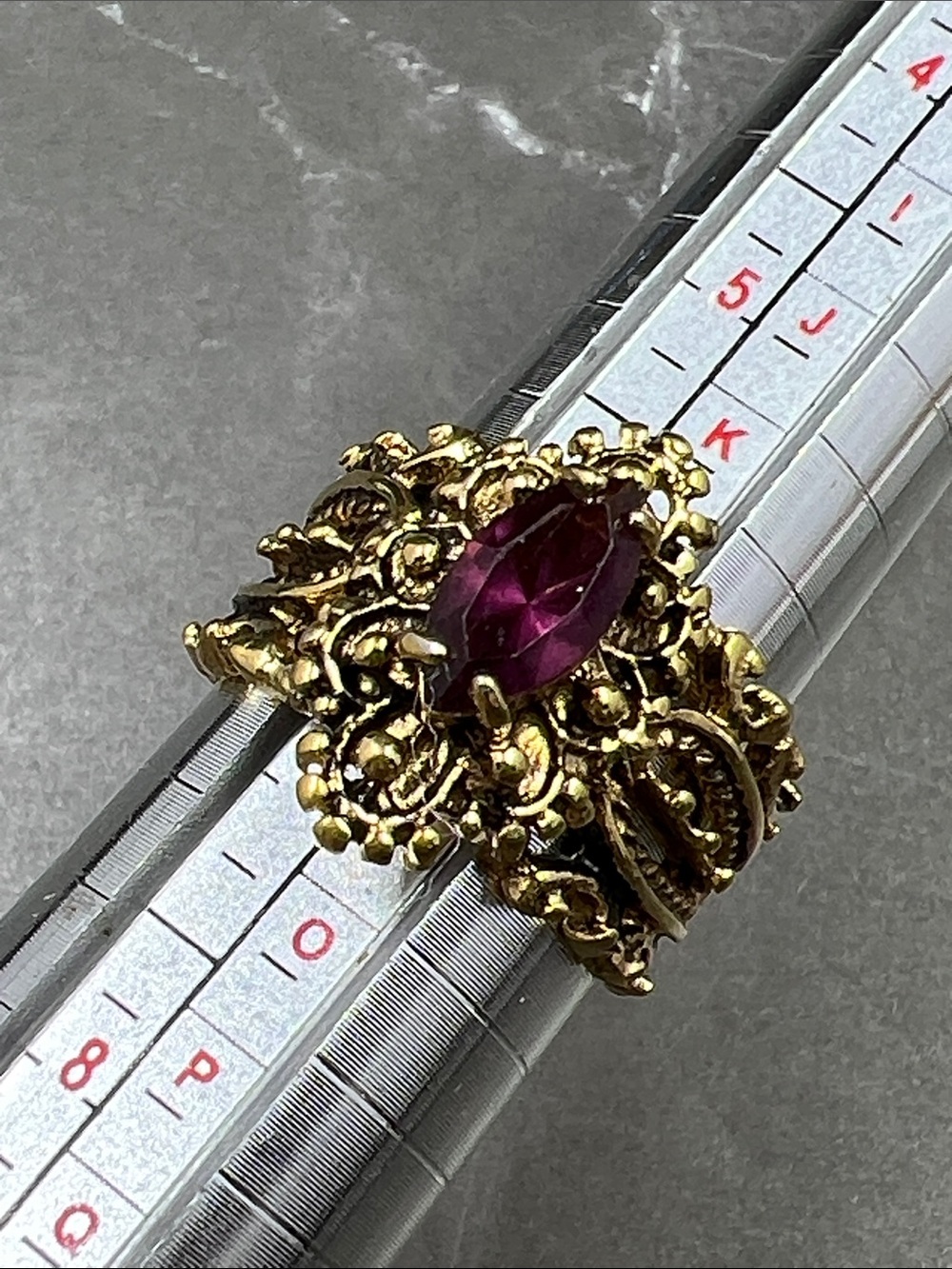 Vintage Vargas Mfg Co. 18KT GE Filigree Ring w/ Purple Stone